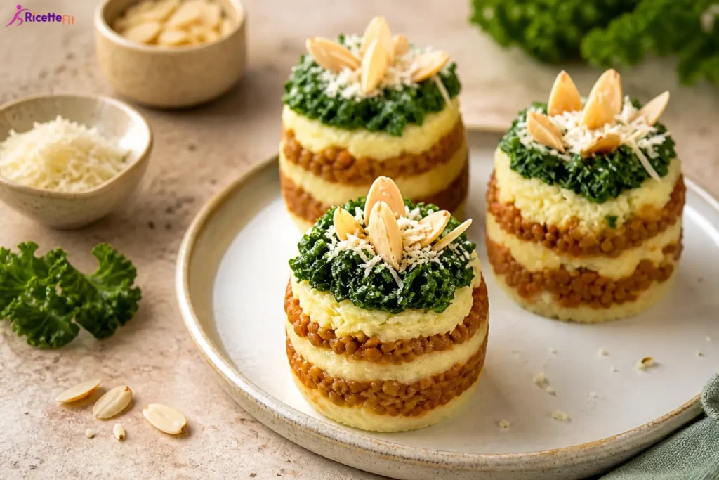 Tortini di patate dolci, lenticchie e spinaci con mandorle
