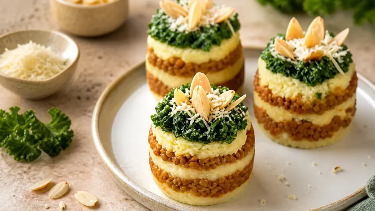 Tortini di patate dolci, lenticchie e spinaci con mandorle