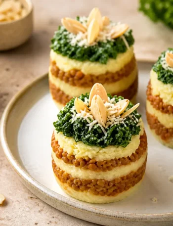Tortini di patate dolci, lenticchie e spinaci con mandorle