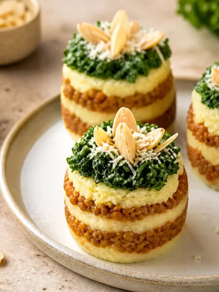 Tortini di patate dolci, lenticchie e spinaci con mandorle