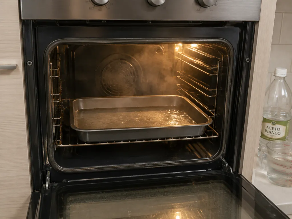 Forno aperto con una teglia contenente acqua e aceto, utilizzata per generare vapore e ammorbidire sporco e incrostazioni.