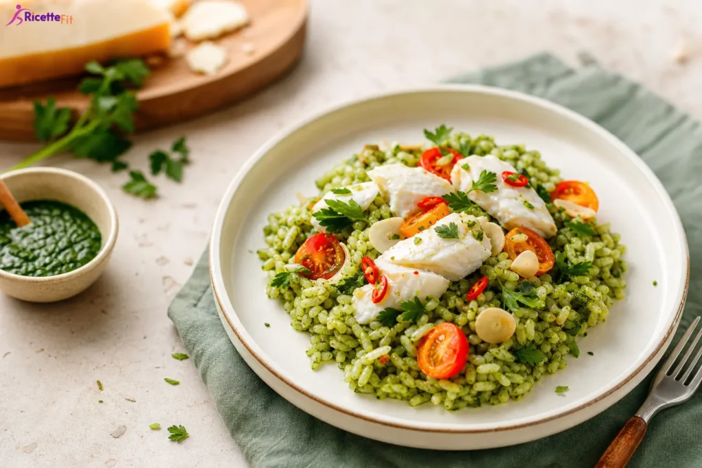 Riso Vialone Nano al verde con vitello, primo sale, pomodorini e sottaceti