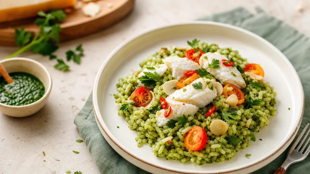 Riso Vialone Nano al verde con vitello, primo sale, pomodorini e sottaceti
