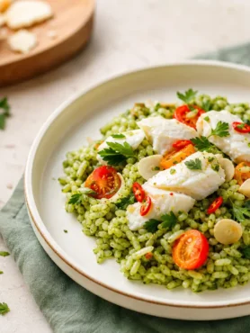 Riso Vialone Nano al verde con vitello, primo sale, pomodorini e sottaceti