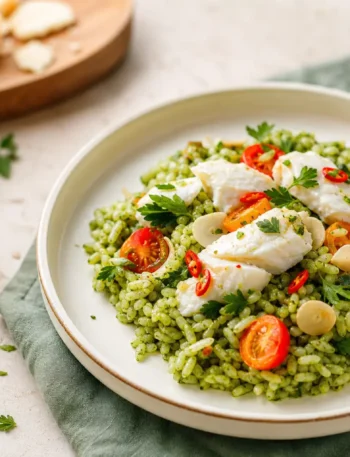Riso Vialone Nano al verde con vitello, primo sale, pomodorini e sottaceti