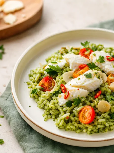 Riso Vialone Nano al verde con vitello, primo sale, pomodorini e sottaceti