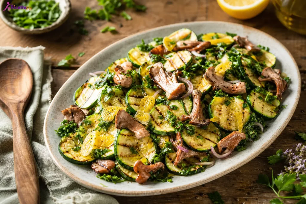 Zucchine e funghi finferli grigliati con prezzemolo e limone