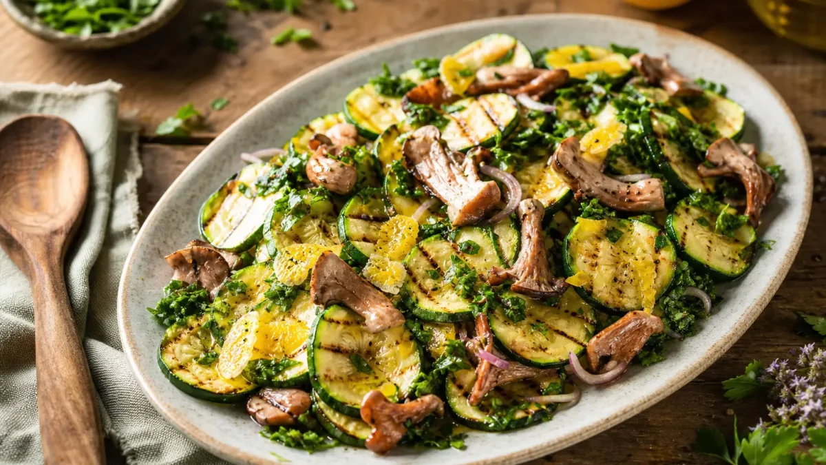 Zucchine e funghi finferli grigliati con prezzemolo e limone