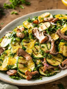 Zucchine e funghi finferli grigliati con prezzemolo e limone