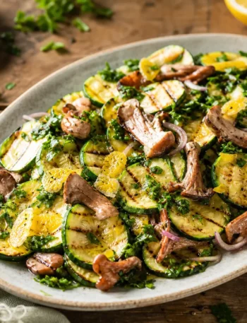Zucchine e funghi finferli grigliati con prezzemolo e limone