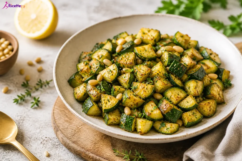 Zucchine trifolate con limone, erbe aromatiche e mandorle tostate