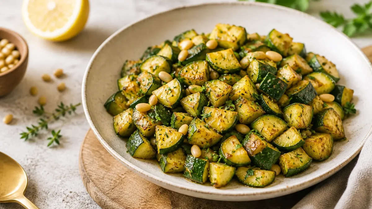 Zucchine trifolate con limone, erbe aromatiche e mandorle tostate