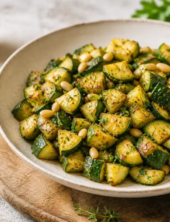 Zucchine trifolate con limone, erbe aromatiche e mandorle tostate