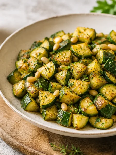 Zucchine trifolate con limone, erbe aromatiche e mandorle tostate