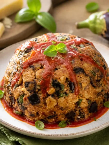 Zuccotto di melanzane fit con salsa di pomodoro e basilico fresco