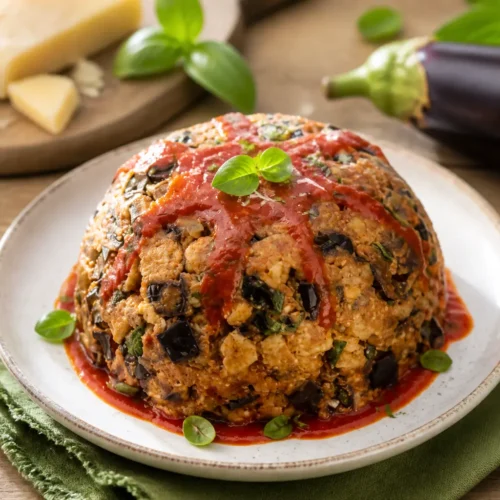 Zuccotto di melanzane con salsa di pomodoro e basilico