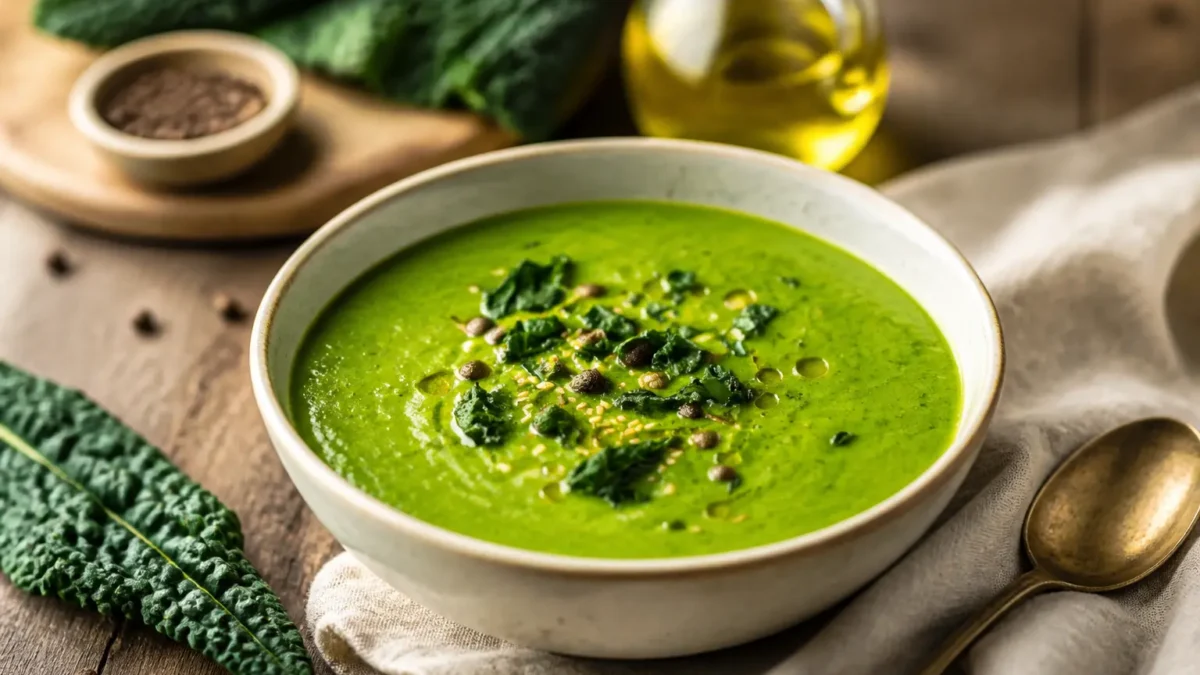 Zuppa cremosa di broccoli e porri light con cavolo nero e semi tostati