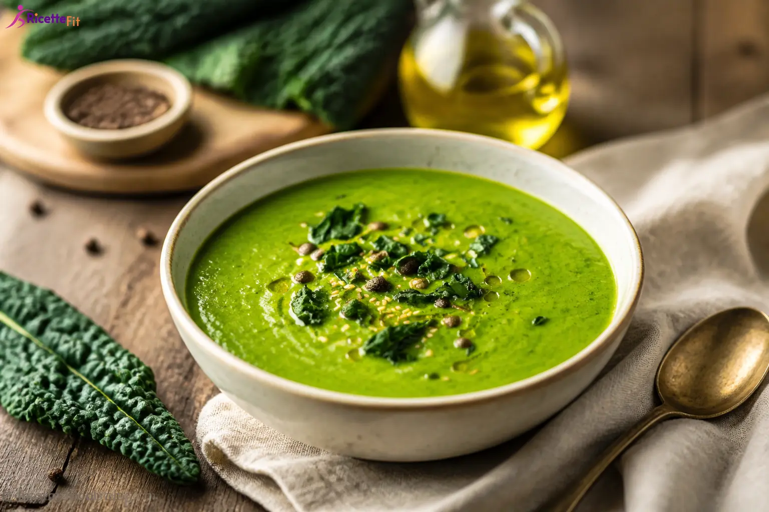 Zuppa cremosa di broccoli e porri light con cavolo nero e semi tostati