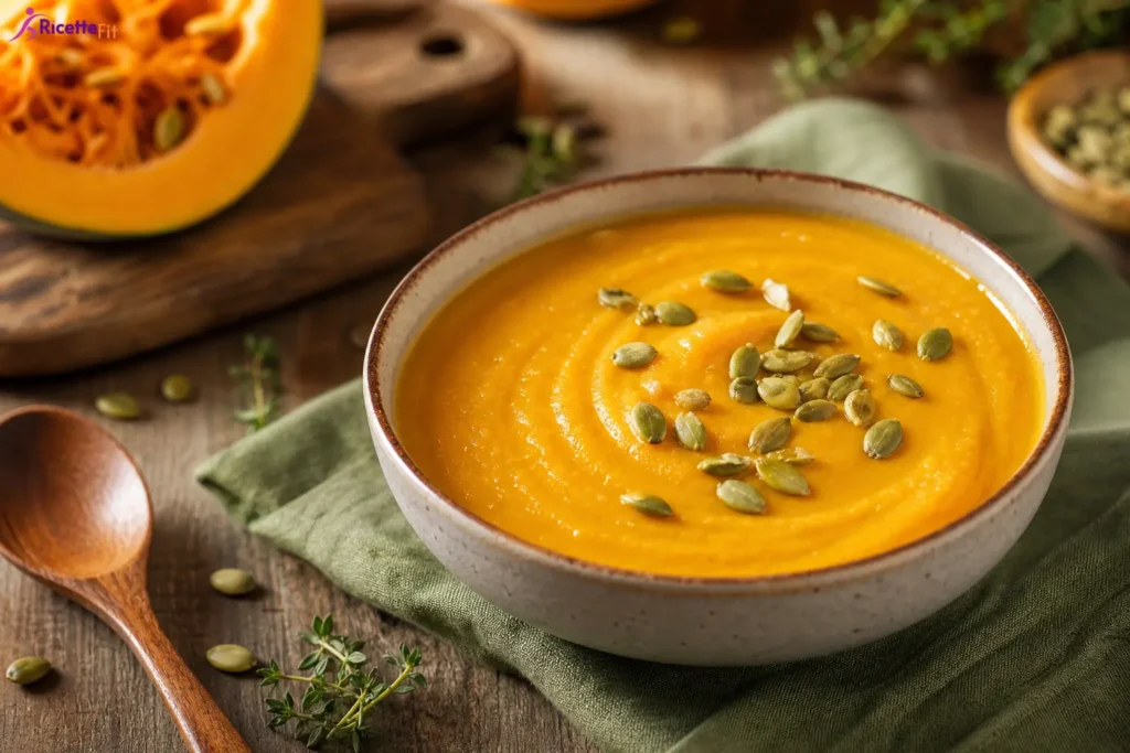 Zuppa di carote e lenticchie rosse allo zenzero con semi di zucca
