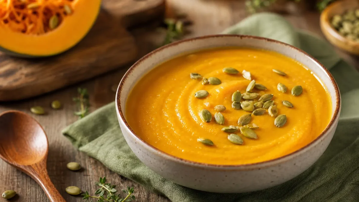 Zuppa di carote e lenticchie rosse allo zenzero con semi di zucca