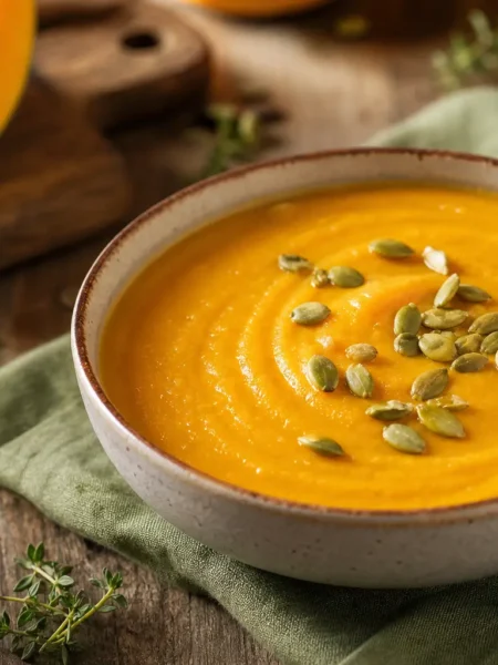 Zuppa di carote e lenticchie rosse allo zenzero con semi di zucca