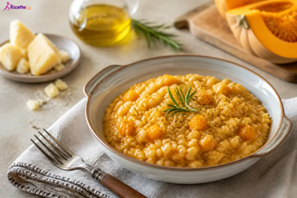 Zuppa di farro con zucca e rosmarino in piatto fondo