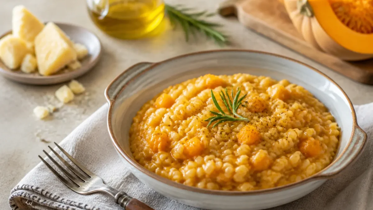 Zuppa di farro con zucca e rosmarino in piatto fondo