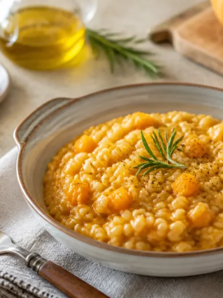 Zuppa di farro con zucca e rosmarino in piatto fondo
