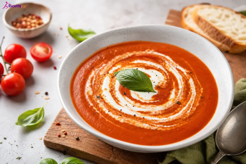 Zuppa di pomodoro e basilico con yogurt greco e pane tostato