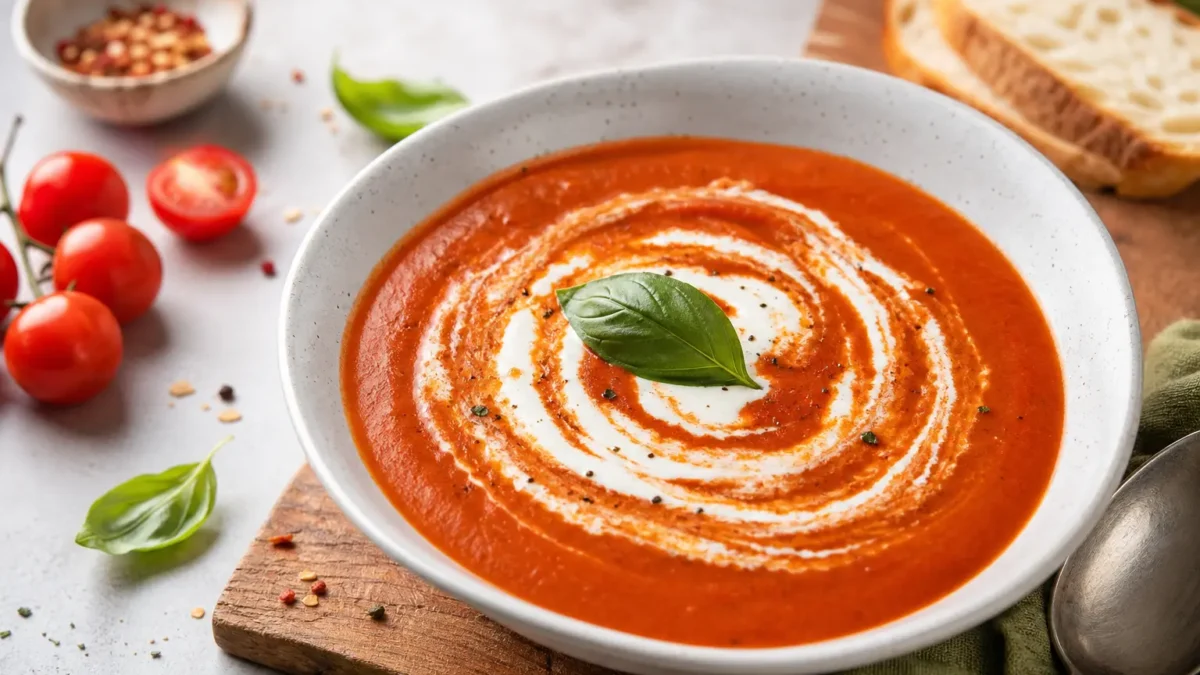 Zuppa di pomodoro e basilico con yogurt greco e pane tostato