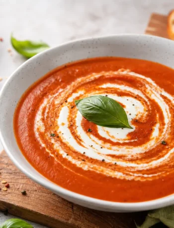 Zuppa di pomodoro e basilico con yogurt greco e pane tostato