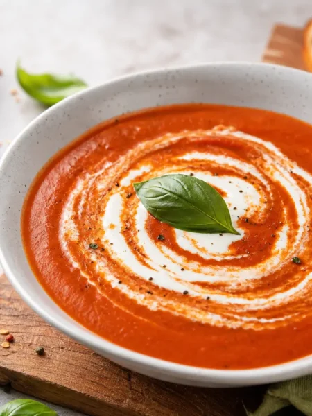 Zuppa di pomodoro e basilico con yogurt greco e pane tostato