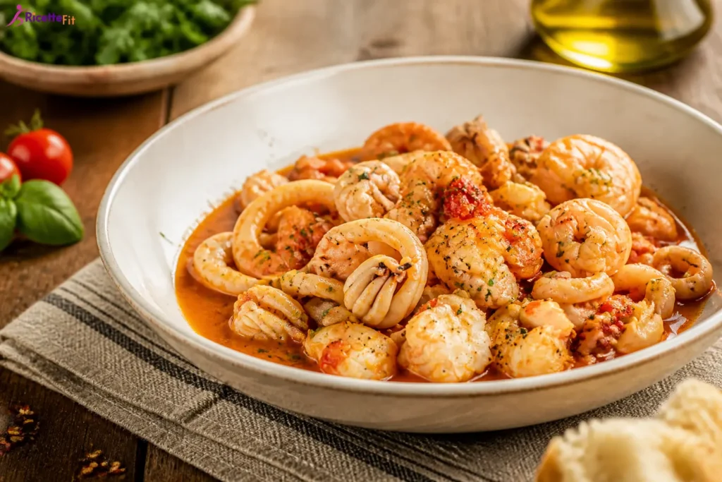 Zuppetta di pesce leggera con gamberi, calamari e pomodoro