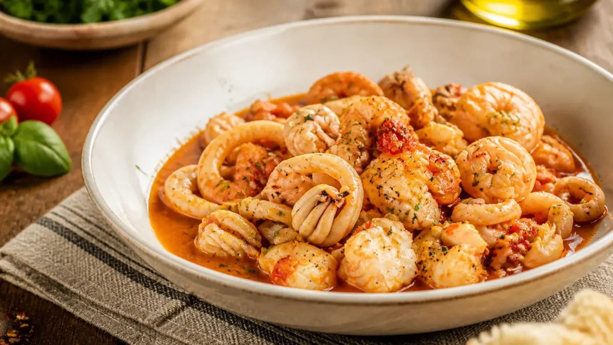 Zuppetta di pesce leggera con gamberi, calamari e pomodoro
