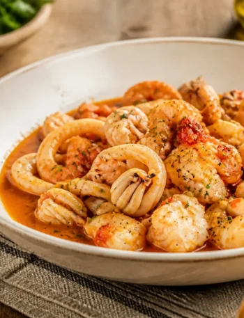 Zuppetta di pesce leggera con gamberi, calamari e pomodoro