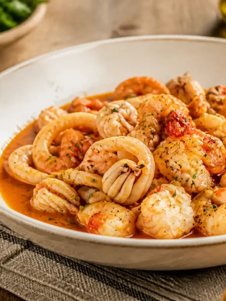 Zuppetta di pesce leggera con gamberi, calamari e pomodoro