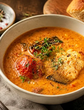 Zuppetta di pesce light con zafferano e verdure in ciotola