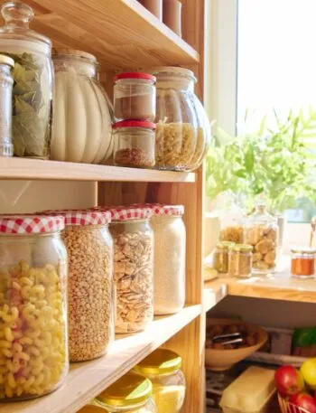 Dispensa fit organizzata con barattoli di vetro pieni di cereali, pasta, legumi e ingredienti sani per ricette equilibrate