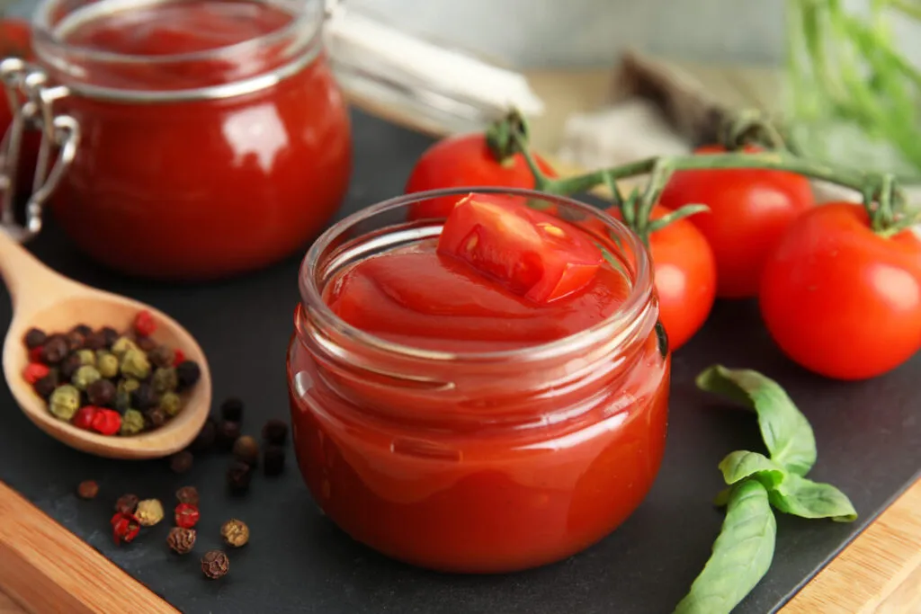 Ketchup fit fatto in casa in vasetto di vetro con pomodori freschi, basilico e pepe su tagliere scuro