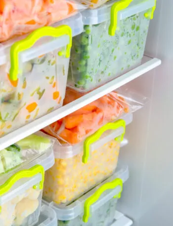 Contenitori e sacchetti con verdure e pasti pronti organizzati nel freezer