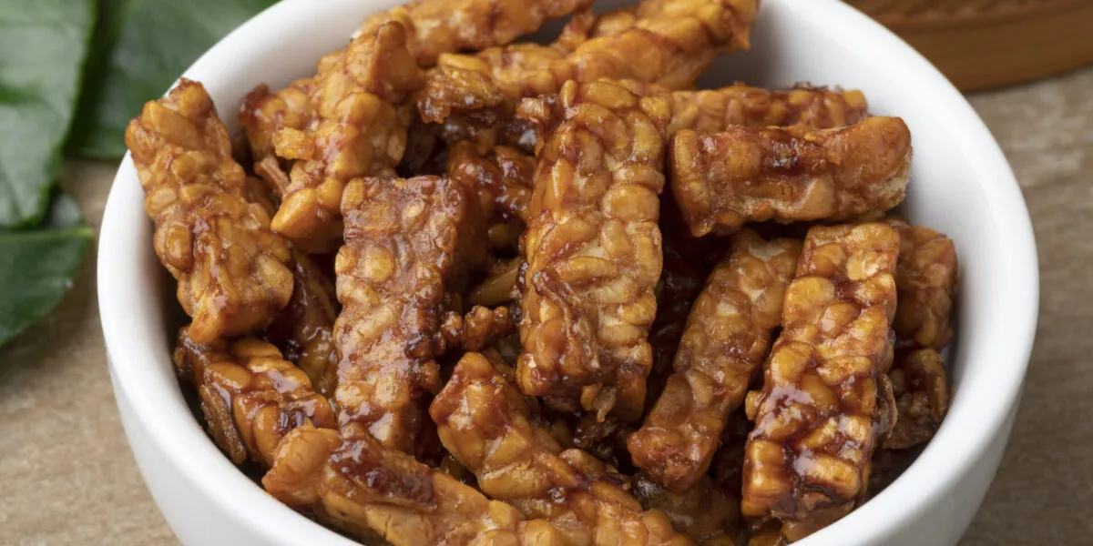 Tempeh marinato e glassato servito in una ciotola, alternativa vegetale alla carne ricca di proteine