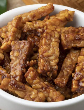 Tempeh marinato e glassato servito in una ciotola, alternativa vegetale alla carne ricca di proteine