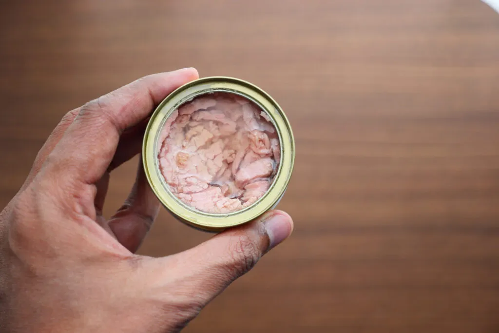 Scatoletta di tonno al naturale aperta, ingrediente proteico pratico per una dispensa fit equilibrata