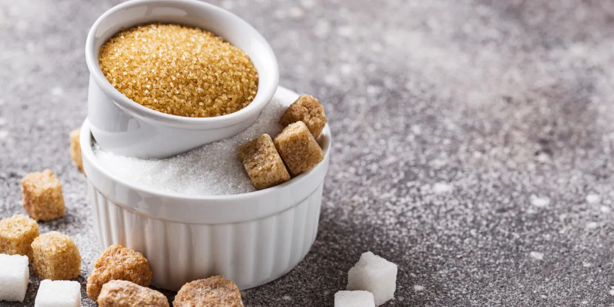 Ciotole con zucchero bianco e zucchero di canna, con zollette sparse su un piano grigio