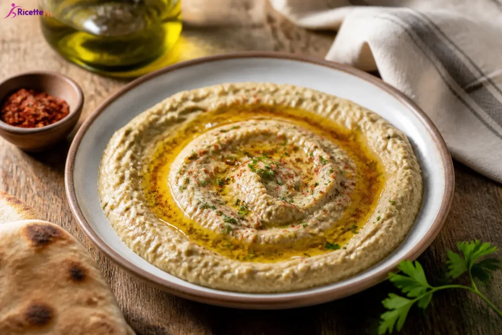 Babaganoush fit alle melanzane arrostite con olio, paprika e prezzemolo