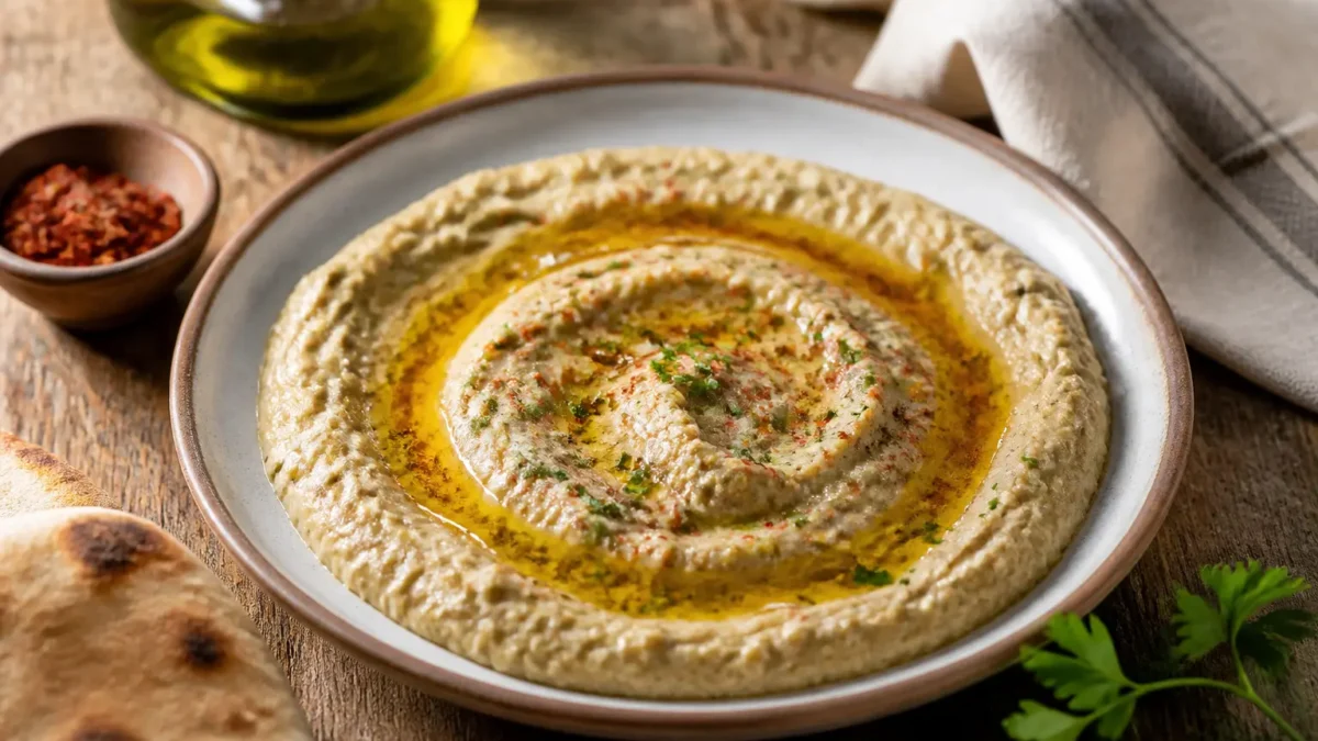 Babaganoush fit alle melanzane arrostite con olio, paprika e prezzemolo