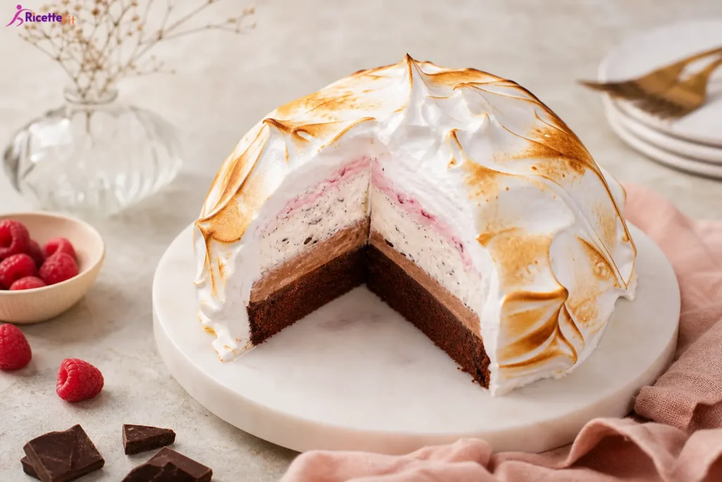 Baked Alaska fit con meringa tostata, cioccolato, vaniglia stracciatella e lamponi