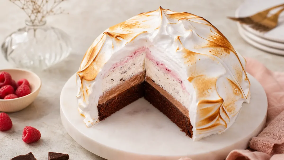 Baked Alaska fit con meringa tostata, cioccolato, vaniglia stracciatella e lamponi