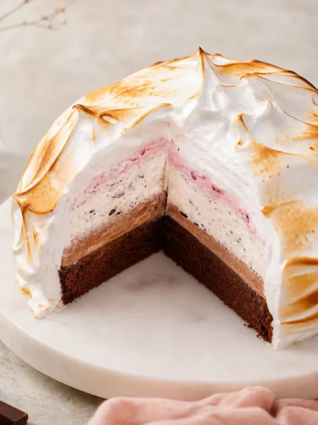 Baked Alaska fit con meringa tostata, cioccolato, vaniglia stracciatella e lamponi