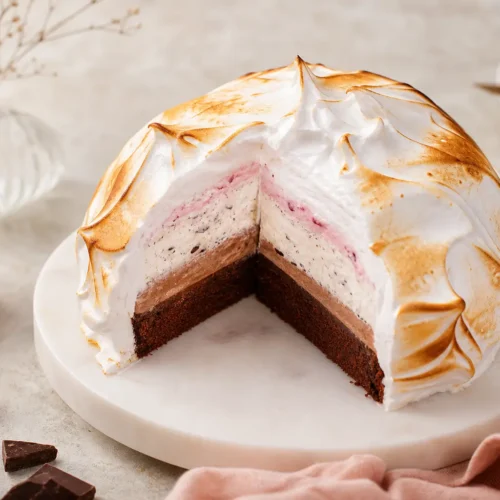 Baked Alaska al cioccolato, vaniglia stracciatella e lamponi